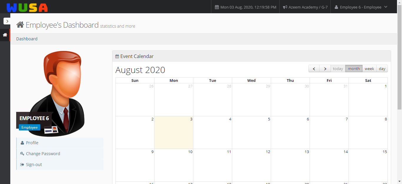 Employee's Dashboard - WUSA School management