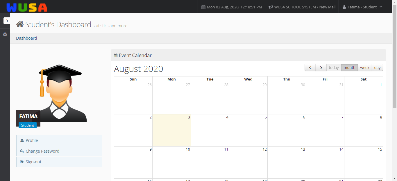 Student's Dashboard - WUSA School management