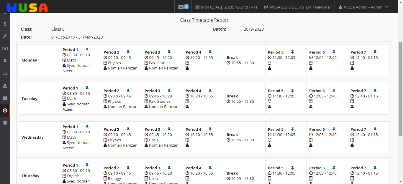 Timetable - WUSA School management